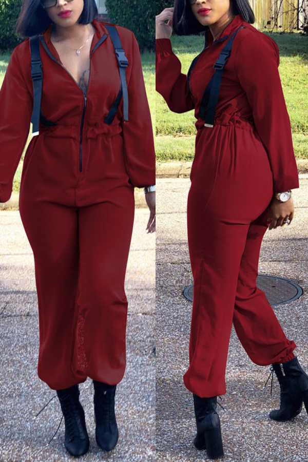 Wine Red Fashion Solid Zipper Collar Jumpsuits