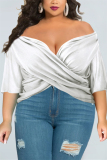 White Fashion Casual V Neck Half Sleeve Batwing Sleeve Regular Solid Tops