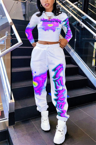 Purple Fashion Casual Long Sleeve O Neck Regular Sleeve Regular Print Two Pieces
