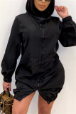 Khaki Casual Solid Patchwork Pocket Zipper Collar Long Sleeve A Line Dresses