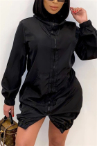 Black Casual Polyester Solid Split Joint Pocket Zipper Collar Long Sleeve A Line Dresses