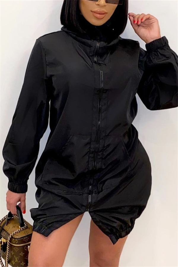 Black Casual Solid Patchwork Pocket Zipper Collar Long Sleeve A Line Dresses
