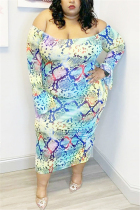Colorful Fashion Sexy Plus Size Bateau Neck Long Sleeve Off The Shoulder Print Printed Dress