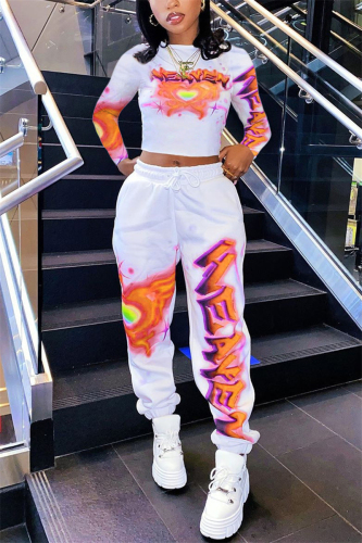Orange Fashion Casual Long Sleeve O Neck Regular Sleeve Regular Print Two Pieces