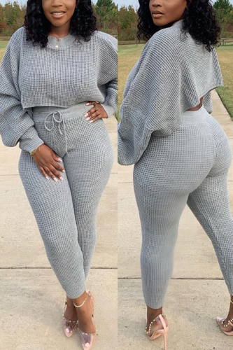 Gray Fashion Casual Long Sleeve O Neck Regular Sleeve Short Solid Two Pieces