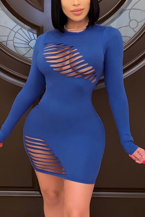 Blue Fashion Sexy Regular Sleeve Long Sleeve O Neck Mini Solid Dresses