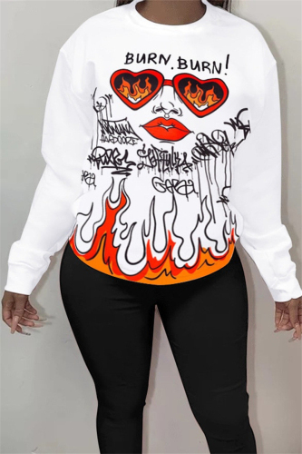 White Street Print O Neck Tops