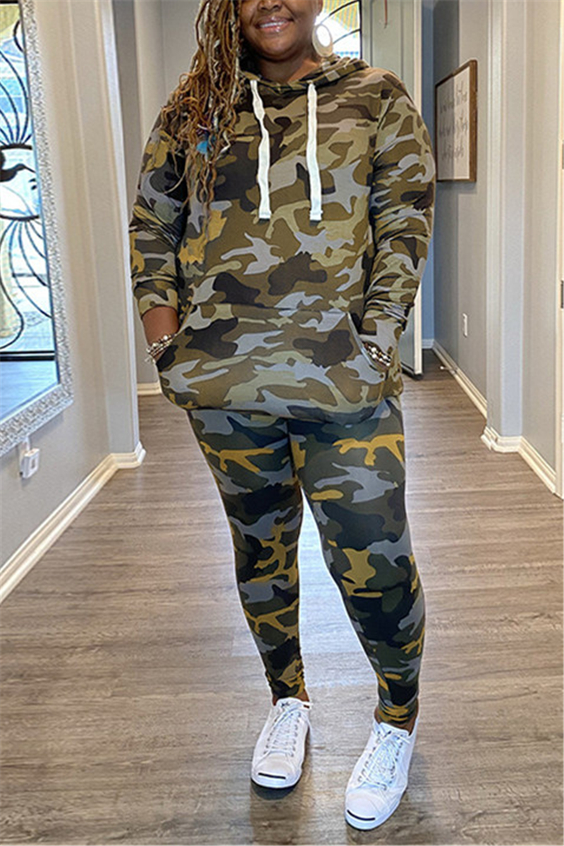 

Yellow Fashion Casual Hooded Collar Long Sleeve Regular Sleeve Camouflage Print Plus Size Set