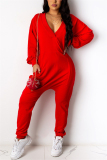 Red Fashion Casual Adult Solid Pocket V Neck Loose Jumpsuits