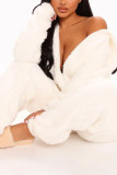 White Fashion Adult Living Plush Solid Patchwork Hooded Collar Straight Jumpsuits