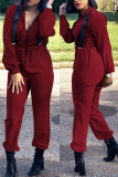 Wine Red Fashion Solid Zipper Collar Jumpsuits