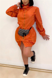 Orange Casual Solid Patchwork Pocket Zipper Collar Long Sleeve A Line Dresses