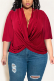 Wine Red Fashion Casual V Neck Half Sleeve Batwing Sleeve Regular Solid Tops