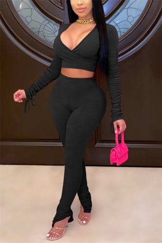 Black Sexy Solid Patchwork V Neck Long Sleeve Regular Sleeve Short Two Pieces