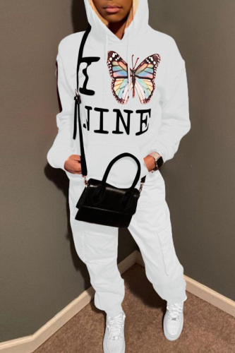 White Street Print Butterfly Print Hooded Collar Long Sleeve Regular Sleeve Regular Two Pieces