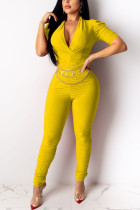 Yellow Fashion Light Solid Draped Patchwork Half Sleeve V Neck Jumpsuits