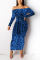Blue Fashion adult Sexy Cap Sleeve Long Sleeves One word collar Step Skirt Mid-Calf bandage Leo