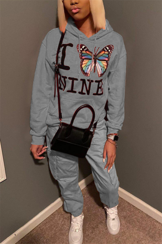 Grey Street Print Butterfly Print Hooded Collar Long Sleeve Regular Sleeve Regular Two Pieces