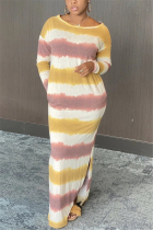Yellow and purple Casual Spandex Milk Fiber Striped Print Slit Basic O Neck Long Sleeve Floor Length A Line Dresses