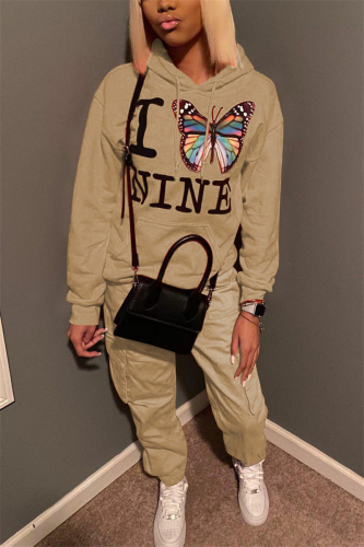 Khaki Street Print Butterfly Print Hooded Collar Long Sleeve Regular Sleeve Regular Two Pieces