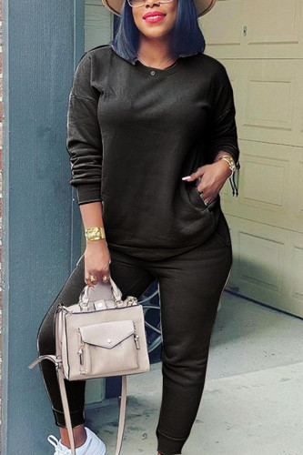 Black Casual Adult Solid Patchwork O Neck Two Pieces