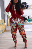 Wine Red Fashion Street Print Pants Bandage Design Solid Color Tops Two Piece Set