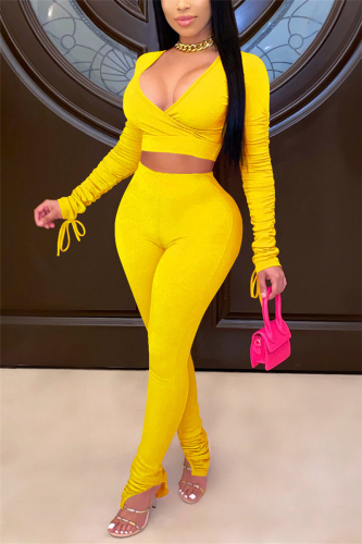 Yellow Sexy Solid Patchwork V Neck Long Sleeve Regular Sleeve Short Two Pieces
