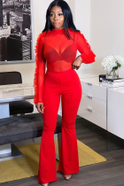 Red venetian Casual Mesh ruffle Two Piece Suits perspective Solid Loose Long Sleeve Two-piece Pants Set