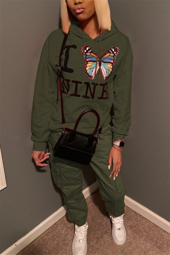 Army Green Street Print Butterfly Print Hooded Collar Long Sleeve Regular Sleeve Regular Two Pieces