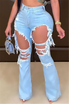 Blue Fashion Sexy Regular Solid Mid Waist Broken Hole Jeans