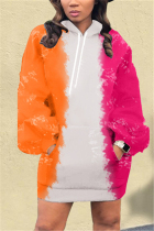 Orange Casual Polyester Print Hooded Collar Long Sleeve Mini Straight Dresses