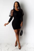 Black Polyester Sexy adult Fashion Cap Sleeve Long Sleeves O neck Pencil Dress Knee-Length Patchwork Mesh 