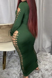 Green Fashion Sexy Adult Solid Ripped O Neck Long Sleeve Ankle Length Pencil Skirt Dresses