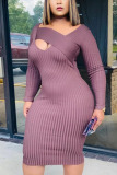 purple Fashion Street Adult Solid Patchwork Oblique Collar Dresses
