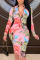 Pink Fashion Street Adult Print Patchwork O Neck Long Sleeve Knee Length Printed Dress Dresses
