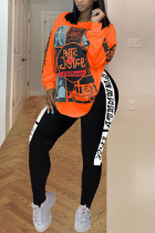 Orange Polyester Fashion Casual adult Ma'am O Neck Print Two Piece Suits Pattern Plus Size 