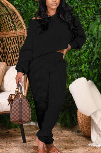 Black Fashion Casual Adult Solid Patchwork Oblique Collar Long Sleeve One Shoulder Regular Two Pieces