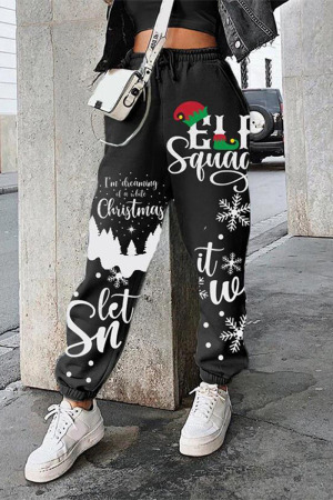 Black Casual Polyester Print Pants Loose BOTTOMS