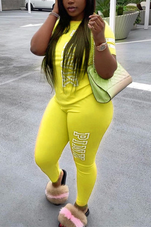 Yellow Fashion Casual Letter Printed Two-piece Set