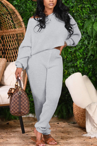 Grey Fashion Casual Adult Solid Patchwork Oblique Collar Long Sleeve One Shoulder Regular Two Pieces