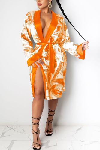 Orange Sexy Print Frenulum Outerwear