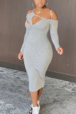 Grey Sexy Solid Hollowed Out Patchwork Long Sleeve Knee Length Dresses
