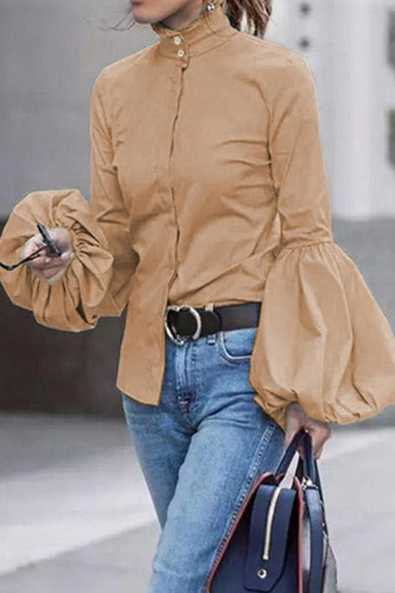 

Khaki Fashion Bishop Sleeve Solid Tops