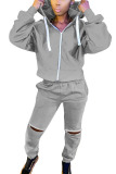 Grey Fashion Casual Adult Solid Ripped Patchwork Hooded Collar Long Sleeve Regular Sleeve Regular Two Pieces