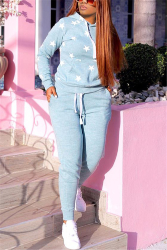 Baby Blue Fashion Casual Print Basic Hooded Collar Long Sleeve Regular Sleeve Regular Two Pieces