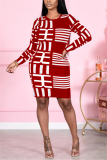 Red Fashion Casual Regular Sleeve Long Sleeve O Neck Printed Dress Knee Length Print Dresses
