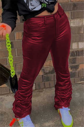 Wine Red Fashion Casual Solid Fold Skinny Trousers