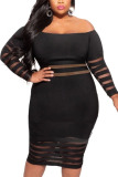 Black Sexy Solid Ripped Patchwork Bateau Neck Long Sleeve Knee Length Pencil Skirt Dresses