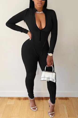 Black Fashion Casual Solid Basic Zipper Collar Skinny Jumpsuits