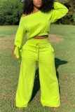 Fluorescent green Fashion Casual Solid Basic Oblique Collar Long Sleeve Regular Sleeve Regular Two Pieces